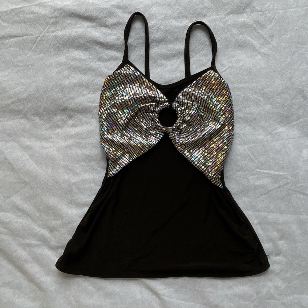 Y2K Disco Black and Silver Holographic Top